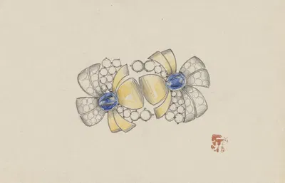 Ontwerp voor juweel in de vorm van twee gestileerde bloemen, met goud en saffieren by Jules Chadel — digital art print…