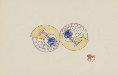 Ontwerp voor juweel, opgebouwd uit twee ronde helften, met goud, saffieren en briljanten by Jules Chadel — digital art…