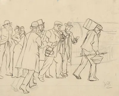 Man op straat aangesproken door een groep heren by Йохан Бракенсик — digital art print download