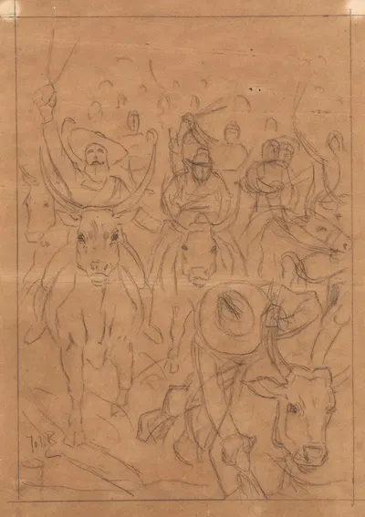 Ontwerp voor illustratie in De Amsterdammer Boeren rijdend op koeien by Йохан Бракенсик, 1902 — digital art print download