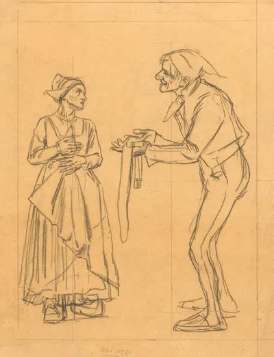 Ontwerp voor illustratie in De Amsterdammer een man met een riem staande voor een vrouw op klompen by Йохан Бракенсик, 1918…
