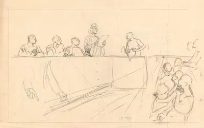 Ontwerp voor illustratie in De Amsterdammer een rechtzaal met een man in het beklaagdenbankje by Йохан Бракенсик, 1920 —…