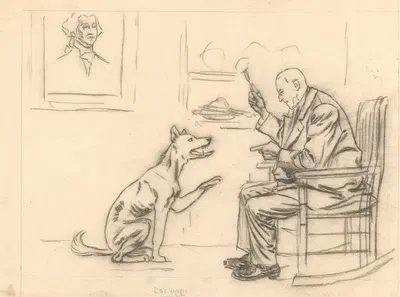 Ontwerp voor illustratie in De Amsterdammer een zittende man houdt een hond een hapje voor by Йохан Бракенсик, 1919 —…