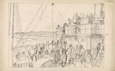 Ontwerp voor illustratie in De Amsterdammer Het 2000ste nummer. Aan boord van De Amsterdammer by Йохан Бракенсик, 1915 —…