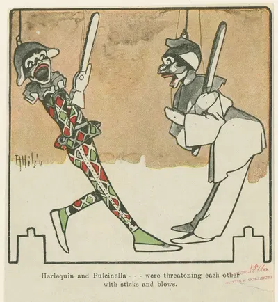 Harlequin and Pulcinella…were threatening each other with sticks and blows. by Attilio Mussino, 1925 — digital art print…
