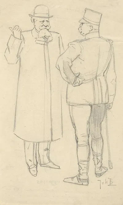 Ontwerp voor illustratie in De Amsterdammer Twee pratende mannen by Йохан Бракенсик, 1906 — digital art print download