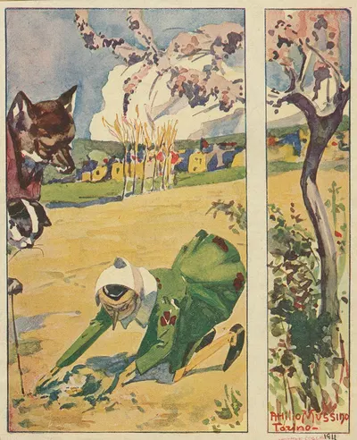 Pinocchio finds the fox and the cat again, and goes with them to sow the gold pieces in the Field of Wonders. by Attilio…