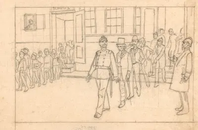 Ontwerp voor illustratie in De Amsterdammer Uit een school komen zowel jongens als volwassenen by Йохан Бракенсик, 1896 —…