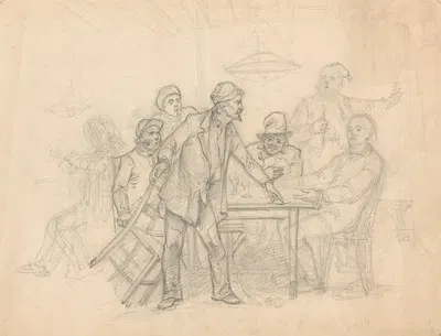 Ruzie tussen mannen rond een tafel in een café by Йохан Бракенсик — digital art print download