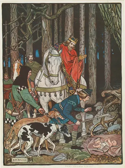 Abandoned in the woods, Valentine is discovered by the king's hunting party by Henry Matthew Brock, 1914 — digital art…