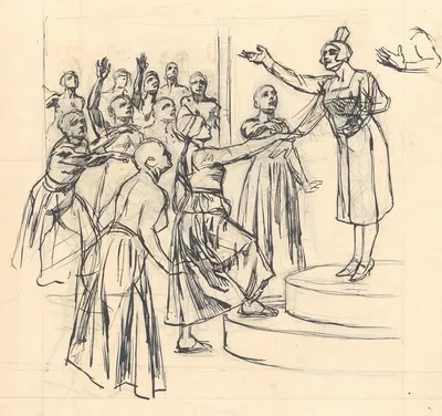 Staande vrouw op voetstuk voor groep vrouwen met uitgestrekte armen by Johan Braakensiek — digital art print download