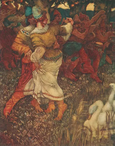 Она помахала правой рукой, и лебеди плавали в воде. by Ноэль Нисбет, 1915 — digital art print download