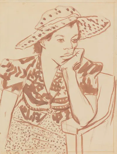 Seated woman with hat at Studio by Blanche Grambs, 1935 - 1943 — digital art print download