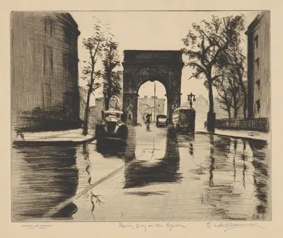 Rainy Day on the Square by Elias Grossman, 1935-1943 — digital art print download