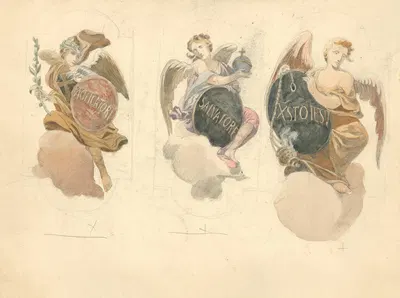 Trzej aniołowie trzymający tarcze. by Юлиуш Макаравич, 1912 — digital art print download