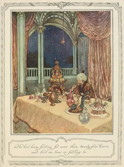 He had been fasting for more than twenty-four hours and lost no time in falling to by Edmund Dulac, 1910 — digital art…
