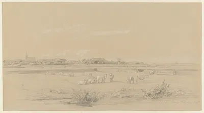 Gezicht over weilanden met schapen op Den Burg, Texel by Пьер Луи Дюбурк, 1847 — digital art print download