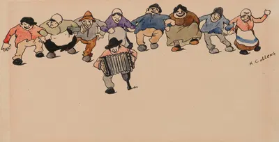Harmonica Player and a Row of Dancing Figures by Karel Collens — digital art print download
