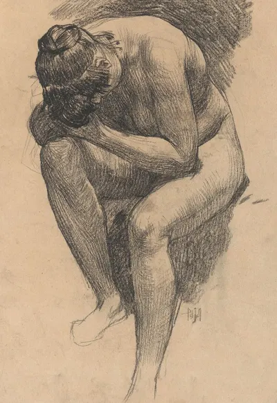 Naaktstudie van een voorover gebogen zittende vrouw by Питер Йосселин де Йонг — digital art print download