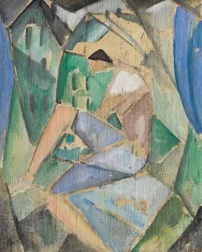 Kubistische Figur mit Häusern by Hermann Stenner, 1913 — digital art print download