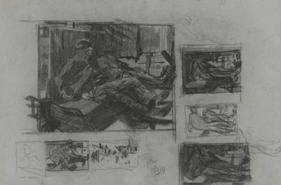 Studieblad met schetsen van treincoupé met slapende mannen by Питер Йосселин де Йонг — digital art print download