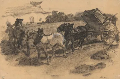 Toom van drie paarden voor een wagen op een hellend akkerland te Limburg by Питер Йосселин де Йонг — digital art print…