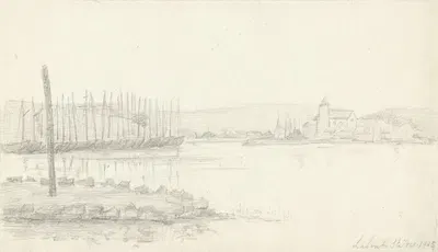 View across the water to a village church Lalent-St. Ives by Проспер-Альфонс Исак — digital art print download