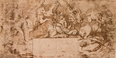 Study of a Battle, preparatory sketch for the fresco 'Clovis Defeats Alaric II' by Raffaello Vanni, 1653 — digital art…