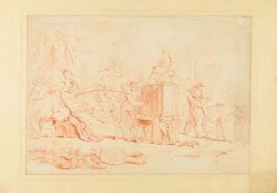 Bacchanaal met saters en nimfen rondom een fontein by Raymond Lafage, 1666 — digital art print download