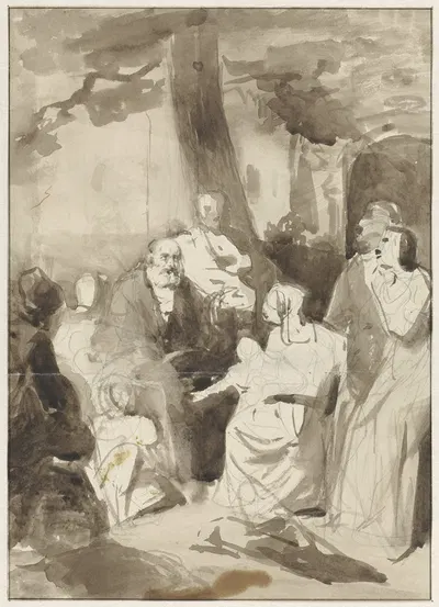 Gezelschap rondom een zittende grijsaard by Рейньер Крейвангер, 1822-1880 — digital art print download