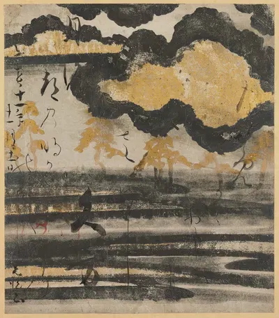 Poem-card from the Shinkokin wakashu with Design of Pine on a Beach by Tawaraya Sōtatsu, 1606 — digital art print download