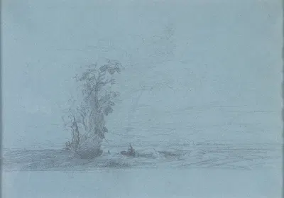 Trees and Figures in a Barren Landscape by Теодор Руссо, 1834 — digital art print download