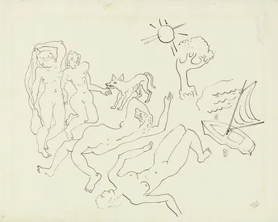 Four naked women with dog, boat, tree and sun by Tinus van Doorn, 1915-1940 — digital art print download