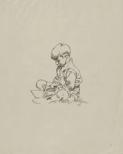 Little boy sitting cross-legged while writing. by Вальдемар Андерсен, 1895-1928 — digital art print download