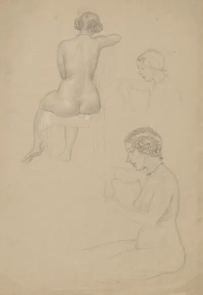 Naked woman sitting with blue necklace seen from behind and from the side. by Вальдемар Андерсен, 1895-1928 — digital art…