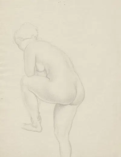 Naked woman standing on one leg, seen from behind. by Вальдемар Андерсен, 1895-1928 — digital art print download