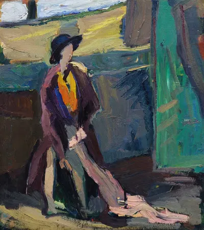 Mädchen mit Pelz auf grünem Grund by Hermann Stenner, 1910 — digital art print download