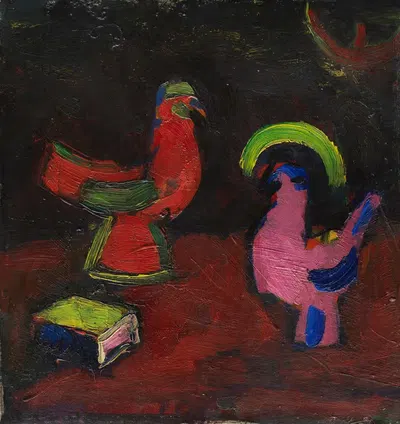 Stillleben mit Tierfiguren und einem Buch (Hahn, Henne und Schachtel) by Hermann Stenner, 1913 — digital art print download