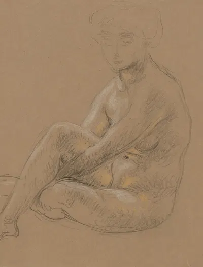 Naked woman, sitting with her arms around one leg. by Вальдемар Андерсен, 1895-1928 — digital art print download