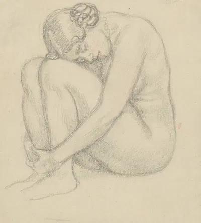 Naked woman, sitting with her arms wrapped around her legs. by Вальдемар Андерсен, 1895-1928 — digital art print download