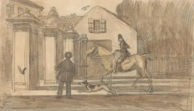Het hek op de Scheveningse Weg te Den Haag een ruiter met hond passeren by Willem van Konijnenburg — digital art print…