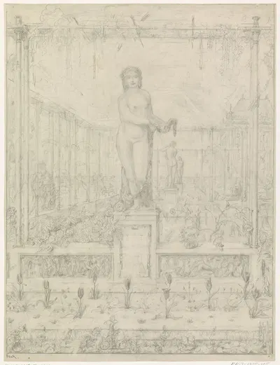 Tuinen met standbeelden en hangplanten op hekwerk by Willem van Konijnenburg — digital art print download