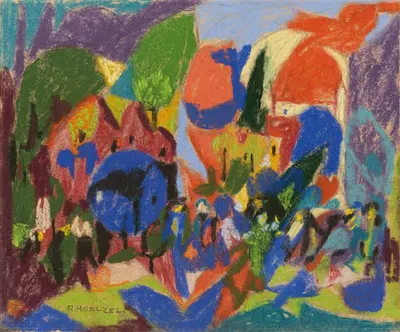 Ohne Titel (Bergdorf mit Figurengruppe) by Adolf Hölzel, 1932 — digital art print download