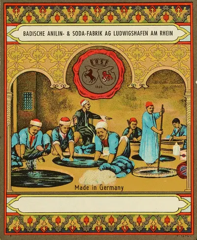 Этикетка красителя Badische Anilin & Soda-Fabrik с работниками индиго by Баденская анилиновая и содовая фабрика — digital…