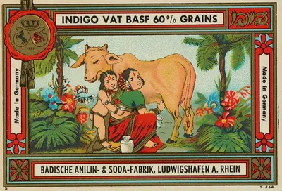 Этикетка красителя Badische Anilin & Soda-Fabrik с женщиной и ребёнком, доящими корову. by Баденская анилиновая и содовая…