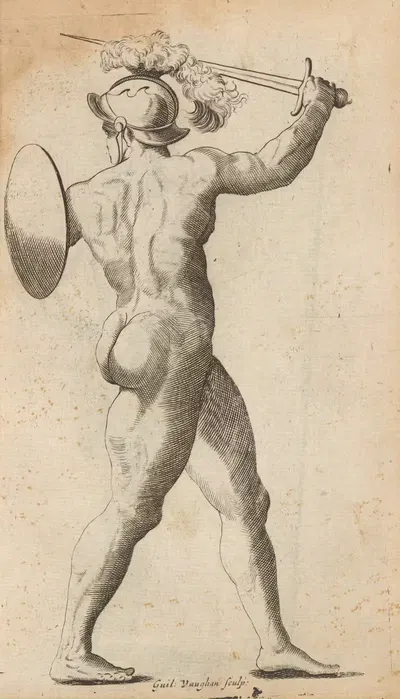 Plate VIII: Artist study of nude male soldier with shield and sword by William Salmon, 1685 — digital art print download