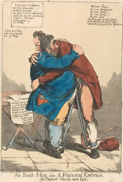 An Irish Hug, Alias a Fraternal Embrace, The Dearest Friends Must Part by Charles Ansell, 1798 — digital art print download