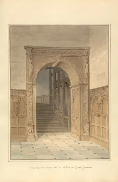 Лестница, ведущая из зала в Бертон-Эгнесе, Йоркшир by Джон Баклер, 1818 — digital art print download