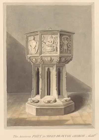 Древний фонтан в церкви Уэст Дрейтона, Мидлсекс by Даниэль Лайсонс, 1796-1811 — digital art print download