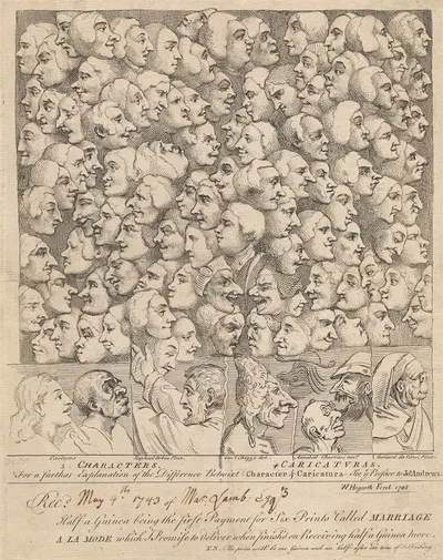 Персонажи и карикатуры; подписка на 'Брак по расчету' by Уильям Хогарт, 1743 — digital art print download